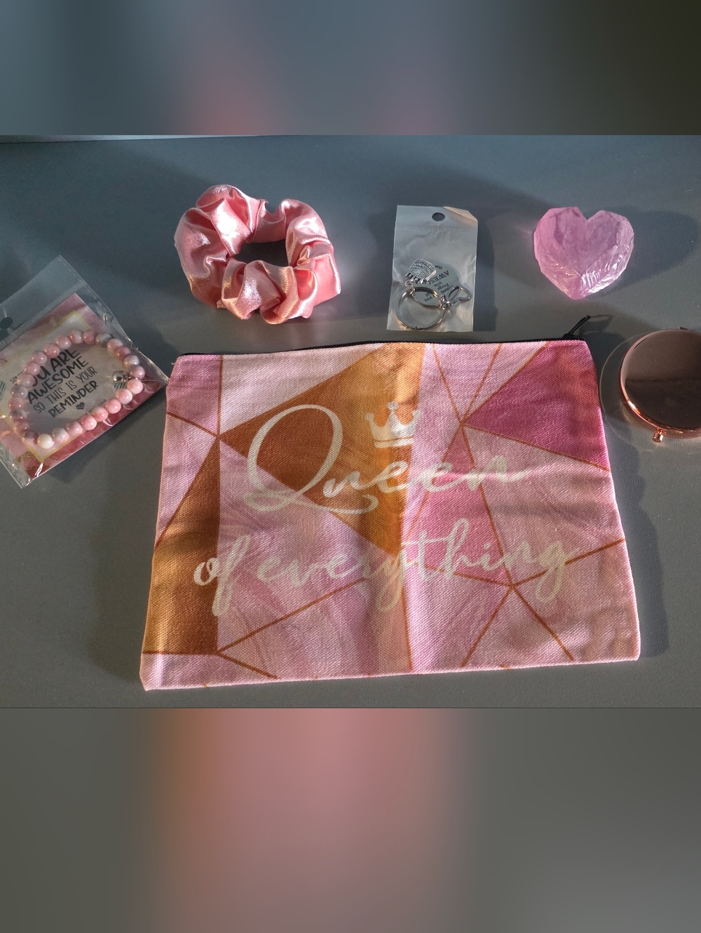 Pink Geometric Cosmetic Pouch "Queen Of Everything" With Small Gifts Included